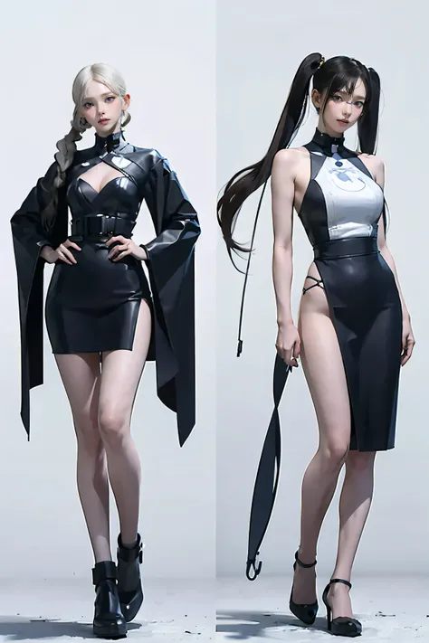 Masters of Animation, A perfect masterpiece, On a snow-white background、Cool Outfits, Sexy and modern clothing、Sexy mature modern woman standing, Flowing silver hair, Twin tails，Full Body Stand Posture, Thin legs, Large Breasts, Detailed facial details, Na...