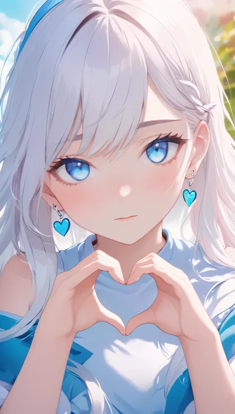 1 girl,(heart shaped hands),velvet-look earrings，lover,blue eyes， long white hair，b shoulder, hair band, broken, very bright and...