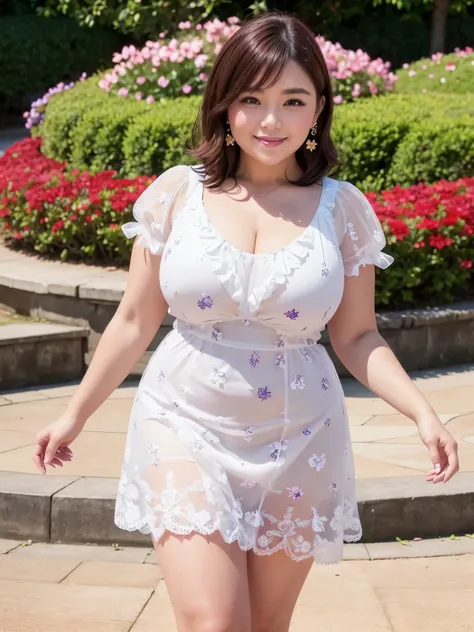 A beautiful and hot almost chubby mature woman.who is wearing a patterned short dress and is and standing in the park. A smiling face、sexy woman、A radiant smile、adorable、race、Frills、Colorful design、Full-length mirror、An inviting gaze、Gorgeous long and beau...