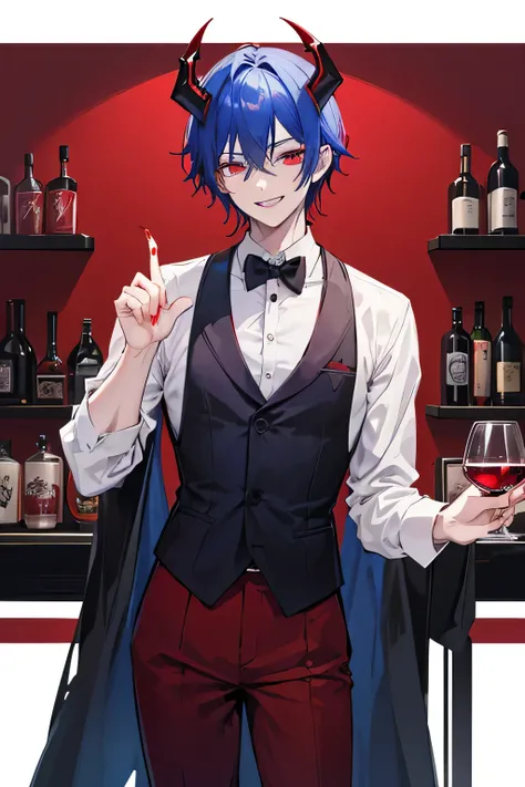 A handsome man, demon, butler, smiling, red crimson eyes color, dark blue hair color, demon horns, demon tails, demon wing, a lot of blood going around the place, 27-year-old, laughing, wine, bartender.