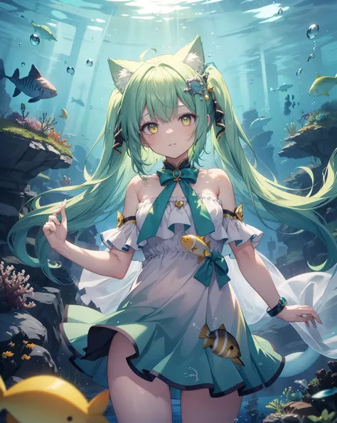 1girl, neko ears, green hair, yellow eyes, living in a bubble under the sea. She is playing with some fishes, shes happy. Scenery underwater. 