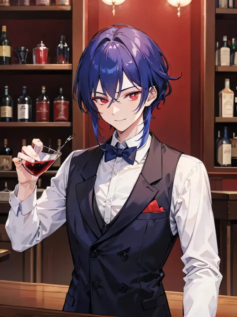 A handsome man, demon, butler, smiling, red crimson eyes color, dark blue hair color, 27-year-old, wine, bartender, alcohol, fix extra finger