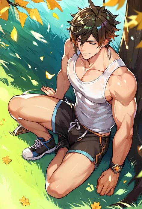 masterpiece, best quality,highres, zhongli, sitting on grass, white tank top, shorts, muscles, biceps