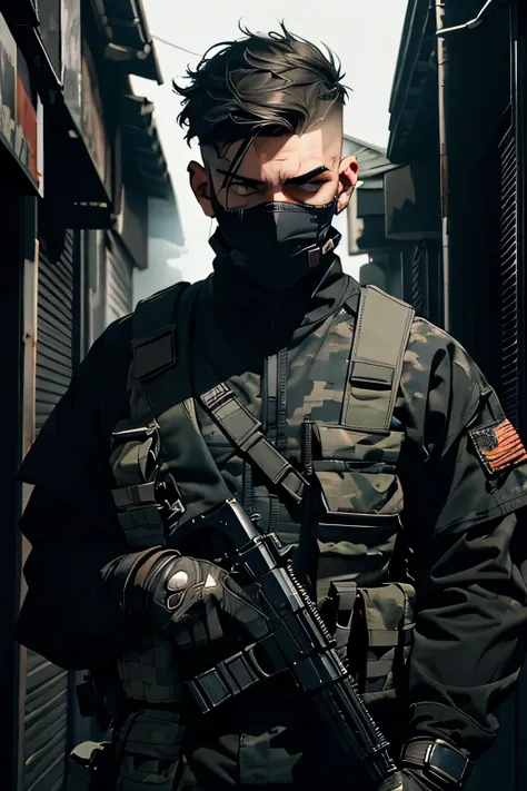 1 male, balaclava masked, scarred body, intimidating, scary, high resolution, extremely detailed eyes, army outfit, soldier, knife in holster, gun in hand, cinematic lighting, dramatic shadows, gritty texture, dark moody atmosphere, upper body, bloody, blo...