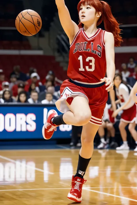 A very cute Japanese high school girl with red hair is playing basketball. She is wearing a red uniform similar to that of the Chicago Bulls. On her feet are a pair of iconic Jordan 1 sneakers. The scene captures her mid-action, perhaps in the midst of a p...