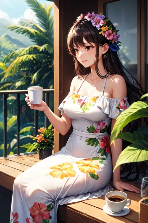 A women wearing long dress(flower motif) sitting and dringking coffee in the balcony that belongs to a Hawaiian beauty, tropical plants, mood is warm, tropical, sensitive, soothing, artistry, happiness, caressing, emoting.