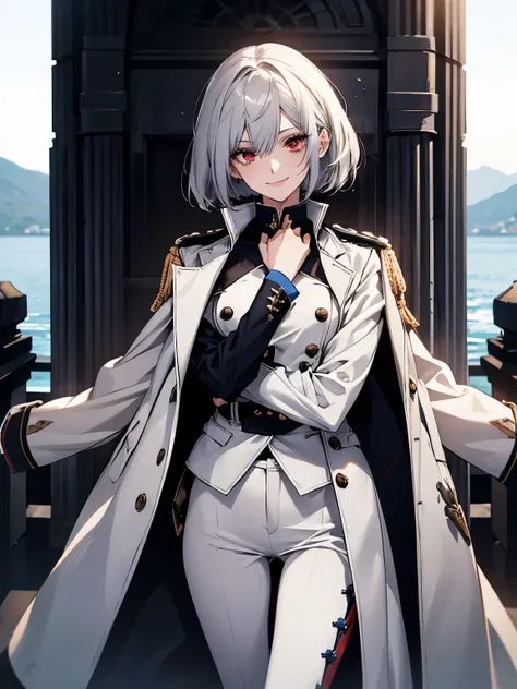 (Confused, High resolution, Very detailed), 1 female, Silver Hair,Bob Hair,Bright red eyes,White and blue military uniform,24th generation,beauty,mature,thin,quiet,Calm,A small smile,A kind smile,In front of people you like,Long coat,Slender and thin,boots...