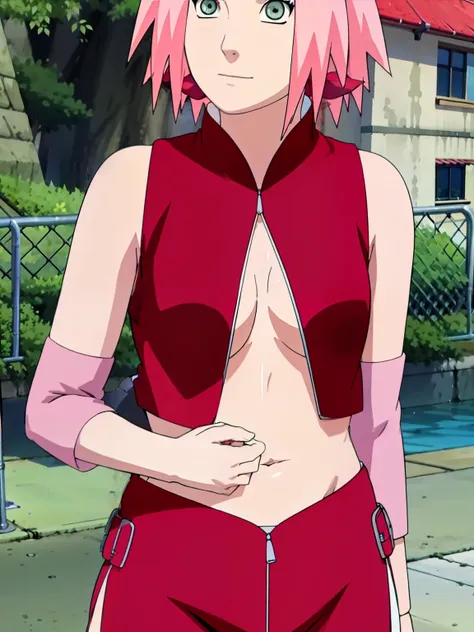 Sakura Haruno showing her belly with open zipper and open top showing her sexy breasts.