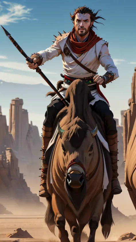 eastern nomad, white jedi outfit, red keffiyeh, orange loincloth, (spear), (riding on a (black armored buffalo)), (spikes), (masterpiece, best quality), (green eyes), (hyper realistic:1.6), ((detailed face)), ((award-winning)), (sharp), (8k resolution), (c...