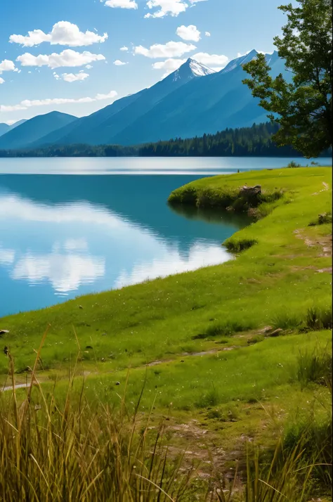 mountains are in the distance behind a lake with water and grass, a picture by Armin Baumgarten, flickr, visual art, by rainer hosch, stunning nature in background, very close to real nature, setting in nature, stunning scenery, incredibly beautiful, early...