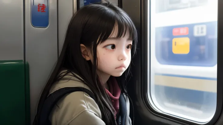 A close-up of a sad young girl named Mia, sitting alone in a subway car. She looks thoughtfully out the window. The lighting is weak, casts a melancholic shadow on her face. Her facial expression is thoughtful, reflects her feelings of loneliness. The back...