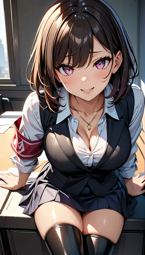 (highest quality:1.2,evil girl,cg, Very detailed, High Detail, digital coloring, High Contrast, masterpiece:1.2,suits, highest quality, Best aesthetics), 8k,masterpiece, cute,tall,beautiful,best quality, 1girl,brown hair,short hair,armband,wavy hair,empty ...