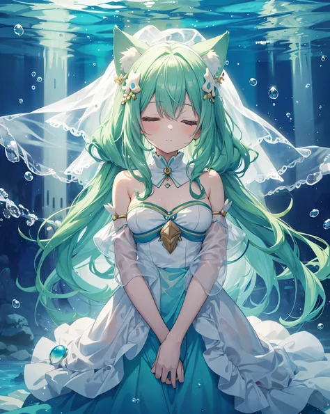 1girl, neko ears, green hair, closed eyes, living in a bubble under the sea. shes happy. Anime Scenery underwater.  She is wearing Shells and a veil, she is sleeping inside a water bubble. Cute. Detailed plush fishes around her. 