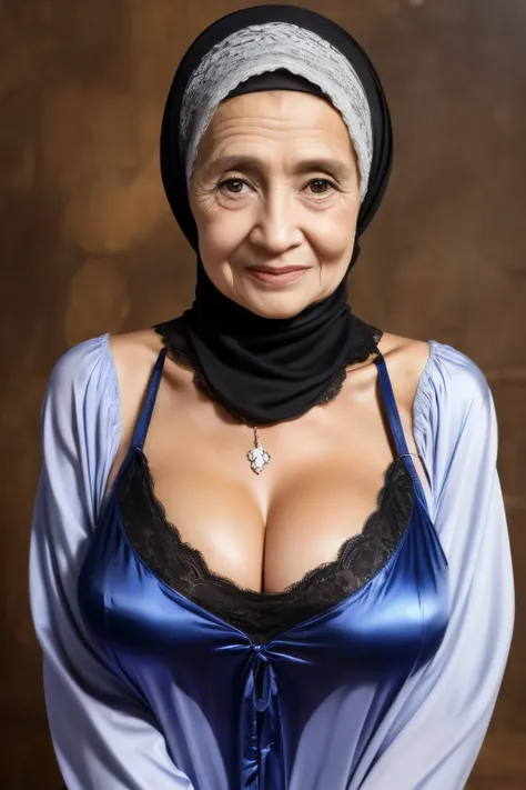 ((Lace V-neck ice silk suspender nightdress)), Straddling, ((Naked Colourfull)), ((Old Lady :1.7)), (((VERY SHINY SKIN))), Very cute like a Matured Lady, ((Stylish Hijab)), adorable, 2 girl, 55 years old, baby face, shy, half body portrait,smile,  (face de...