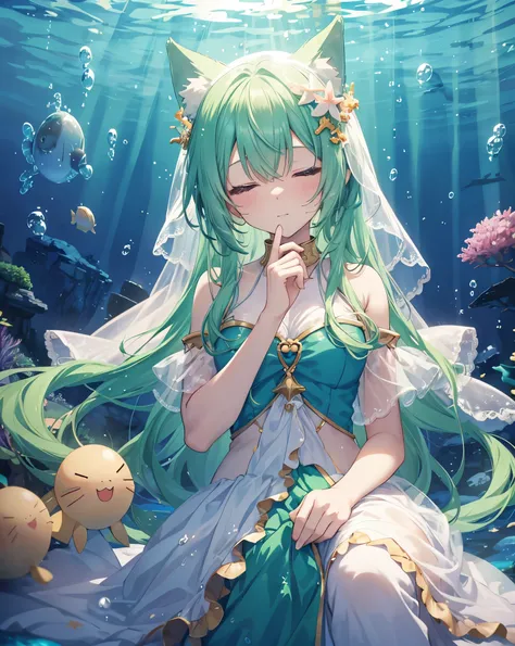 1girl, neko ears, green hair, closed eyes, living in a bubble under the sea. shes happy. Anime Scenery underwater.  She is wearing Shells and a veil, she is sleeping inside a water bubble. Cute. Detailed plush fishes around her. 