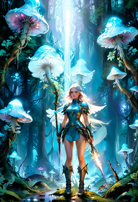 a beautiful tall female love-angel on a forest path, looking at the viewer, at twilight standing amidst ultra incredibly ultra large bio luminous ice-mushrooms, holding a blue-ice-sword that converts into a bow, medium shot, Ultra detailed illustration of ...