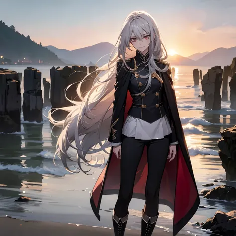 (Confused, High resolution, Very detailed), 1 female, Silver Hair,Long hair that reaches down to the ankles,Ankle-length hair,Long hair,Crimson Eyes,uniform,24th generation,beauty,mature,thin,quiet,Calm,A small smile,A kind smile,In front of people you lik...