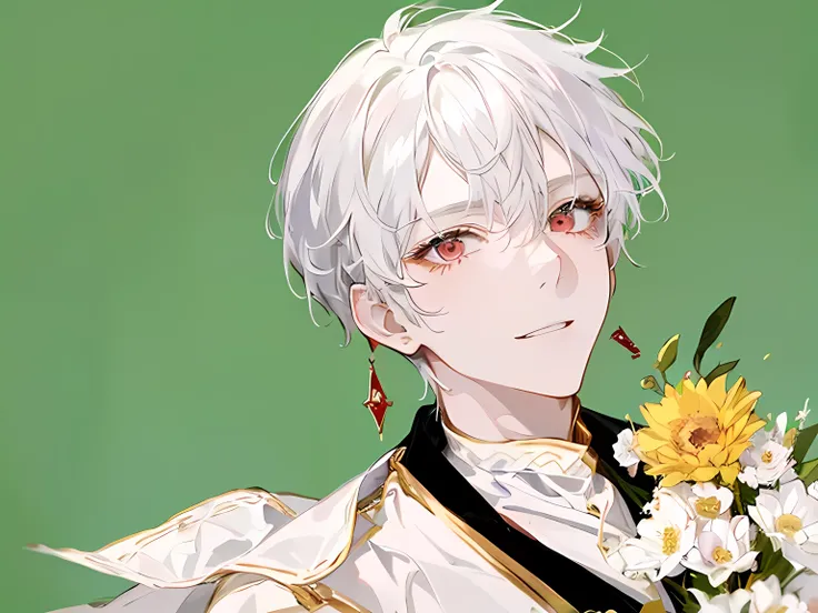 Highest quality、Highest quality、Short white hair and sharp red eyes、White, gold and black clothes、A man who seems bossy and victorious、smile、A still of a woman holding a flower and offering her hand