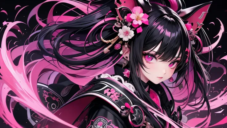 (masterpiece), Highest quality, Ultra-high resolution,Devil with a black ribbon、Pink Hair、Deep pink eyes、Black clothing、kimono、punk、Confident expression、Black boots、Oiran、Wind、gun、cyber-、Face close-up