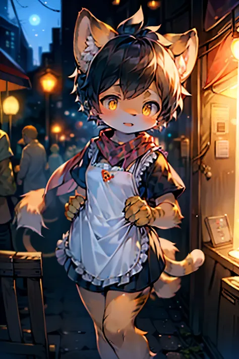 Tiger Girl，Black tiger stripes，Furry girls，Baby girl characteristics，Black hair，Orange Skin，apron，scarf，Short skirt