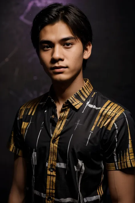 A 19 year old man dressed in batik with neat hair against a black light background, Reality 