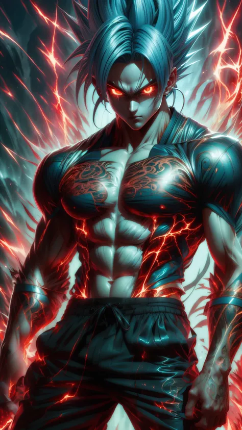 (Aesthetics, Hi-Res: 1.2), Get ready for a visual feast with 20 year old Vegito, solo, brilliant blue hair and tattoos, a creature with a handsome face and piercing golden eyes . In his transformed state, he radiates extreme instinct and power, creating an...