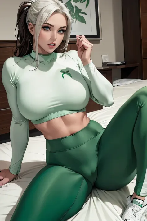 (a female athlete，Open your mouth，Wearing green yoga pants，White long sleeve cropped top)Lying in bed，fingering pussy，Pussy leaking，Wet crotch）。