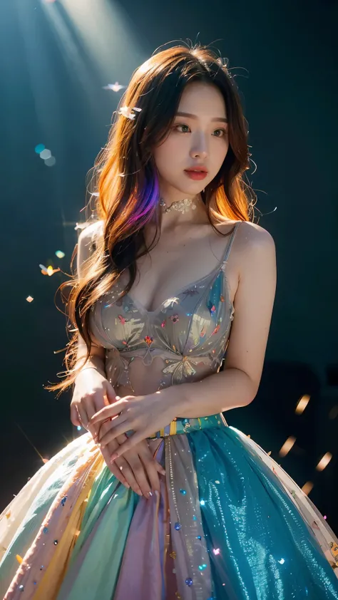 1girl, masterpiece, extremly detailed, ((Cinematic lighting)), (glowing), ((dramatic lighting)), ((beautiful detailed glow)), intricate detail, lens flare, multicolored hair, rainbow hair, long hair, multicolored dress, butterfly hair ornament, butterflies...