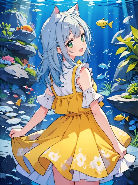 {((aquarium)), Aquarium, shark, fish}, ((One girl)), (happy:1.3), (Open your mouth:1.3), Medium chest, (Cat ear), White skin, Gray Hair, Medium Hair, Green Eyes, (Arms at your sides), {(Yellow floral flared midi dress), (Girly Outfit)}, Cowboy shot from be...