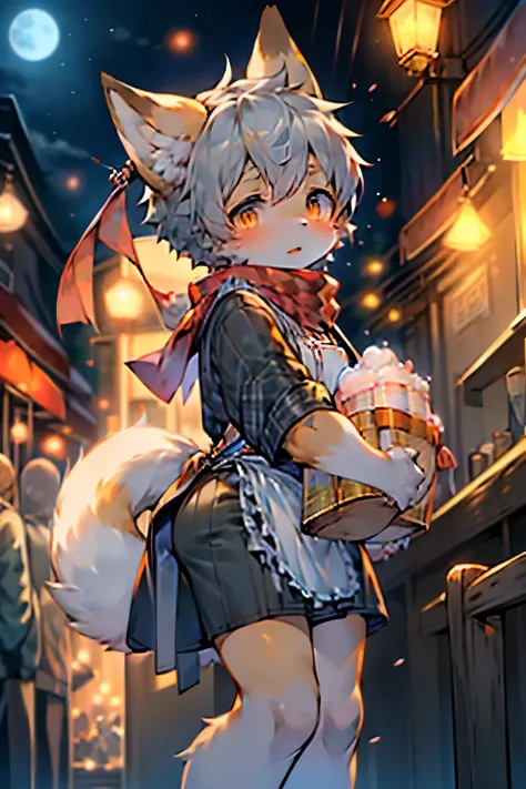 Fox Girl，Furry girls，Baby girl characteristics，Gray hair，Orange Skin，apron，scarf，Short skirt