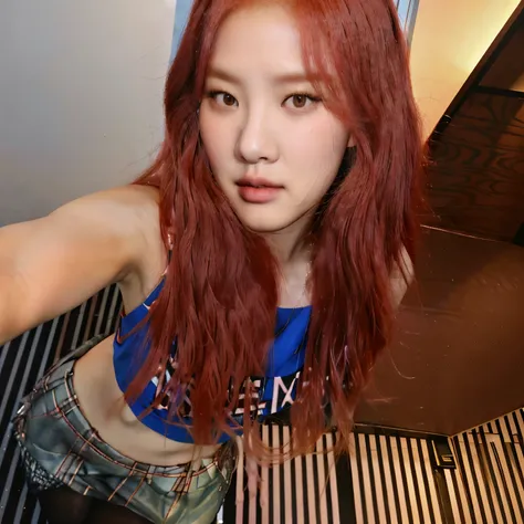 Roseanne Park plucked with red hair and blue blouse taking a selfie, blackpink rosé, Chaeyoung Park, park roseanne de blackpink, Rosie Blackpink, portrait of Roseanne do blackpink, Rosé Park by blackpink, blackpink rosé, she has long curly hair, Chaeng do ...