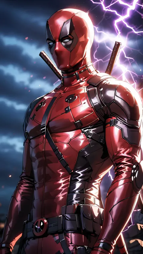 1 man , Deadpool, marvel, dramatic lighting, soft shadow, masterpiece, best quality, safe, SFW, very aesthetic, recent, absurdres, highres, lightning, glowing,