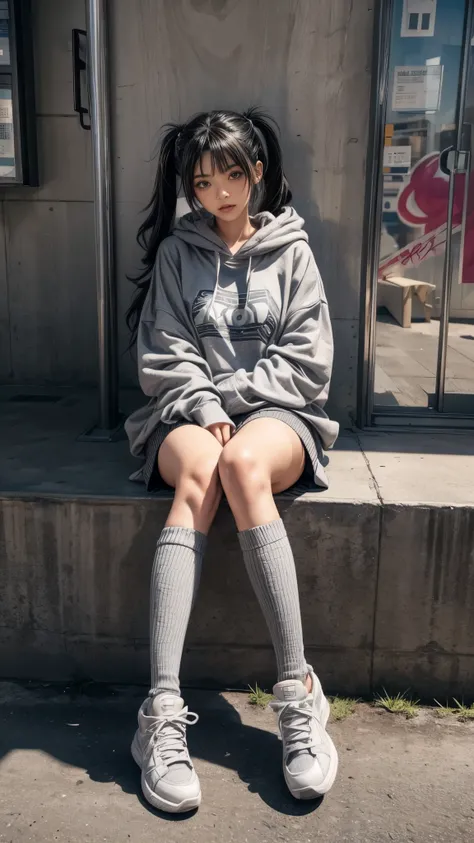 source_anime, 1girl, solo, 
osagechan-default, osage (nukunuku nigirimeshi), grey eyes, black hair, low twintails, grey hoodie, oversized clothes, black thighhighs, sneakers, urban, graffiti, waiting, crossed legs, leaning back,