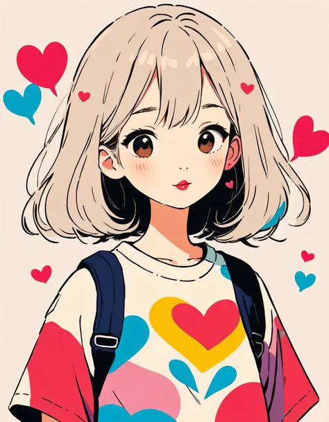 Hayao Miyazaki colorful style, Simple Line Initialism，Abstract art，Urban Background, (((The most beautiful girl of all time))), Sweet face. Lips in love, colorful hearts, stylish design, 夏のオシャレなTシャツ, 黒い瞳