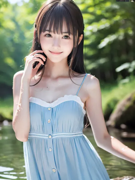 (Close up portrait of slender small-breasted half up brown long hair with bangs girl wearing a white summer dress:1.5)、(One girl is playing with small smile in the clear stream and water fall at the forest in Japan:1.5)、(Summer beautiful blue sky and fores...