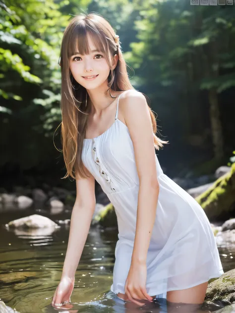 (Close up portrait of slender small-breasted half up blonde long hair with bangs girl wearing a white summer dress:1.5)、(One blonde hair girl is playing with shy smile in the clear stream and water fall at the forest in Japan:1.5)、(Summer beautiful blue sk...