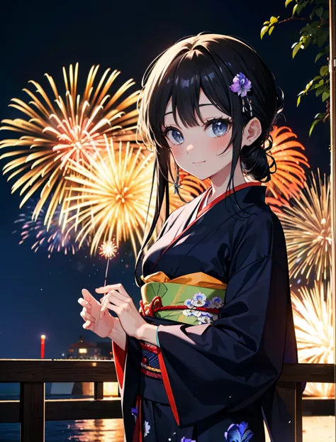mioakiyama, My Akiyama, Long Hair, bangs, Black Hair, (Iris:1.3), Hime cut,blush,smile,hair tied back,Flower Hair Ornaments,Black yukata,Japanese Festivals，Summer festival food stalls、Red lantern,Fireworks in the night sky,Fireworks,The place is a firework...