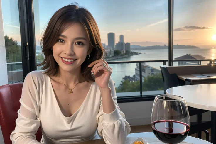 （Realistic:1.1）,(masterpiece,Highest quality)，8k,(49 years old), 52 years old, slimカップル、actress/actor、Tight waist,Upper Body,full-course dinner、wine 、Amazing view of the sunset sky and clouds、Perfect Anatomy, Brown Hair, short hair,Random Hairstyles,((High...