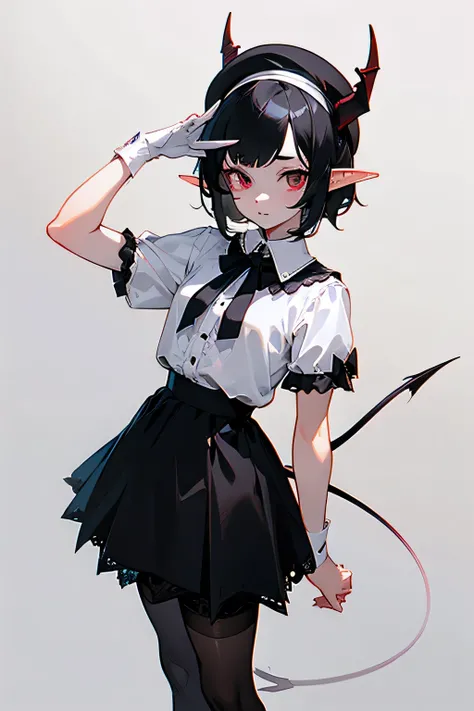 ((Best quality)), 1 girl, with short black hair,white skin,devil horns and little devil tail,with elf ears,with a beret on his head,in a black shirt with short sleeves and a white lace collar with a bow,in a short black skirt with a white hem,in black tigh...