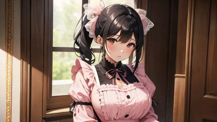 A beautiful woman wearing a pink apron dress with lots of frills and lace　Long sleeve　Black hair ponytail with ribbon　Upper Body　lipstick　Big Breasts