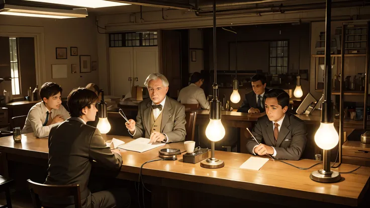 thomas edison testing his first electric light bulb in the laboratory, surrounded by assistants, with the bulb glowing brightly....