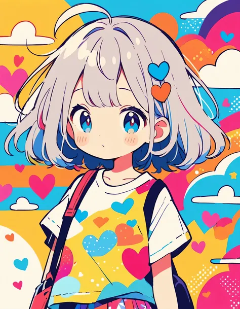 Hayao Miyazaki colorful style, Simple Line Initialism，Abstract art，Urban Background, (((The most beautiful girl of all time))), Sweet face. colorful hearts, kawaii design, The background is space, (((stylish summer clothes)))