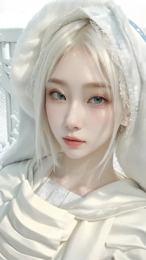 a closeup of a person with a hat on his head, ulzzang, white hime cut hairstyle, shikami, combine, pale and light skin!!, pale porcelain white skin, Her hair is white, Kim Doyoung, pale, snow-white skin, beautiful dolphin, pale fur, Lt. Ayami Kojima, young...