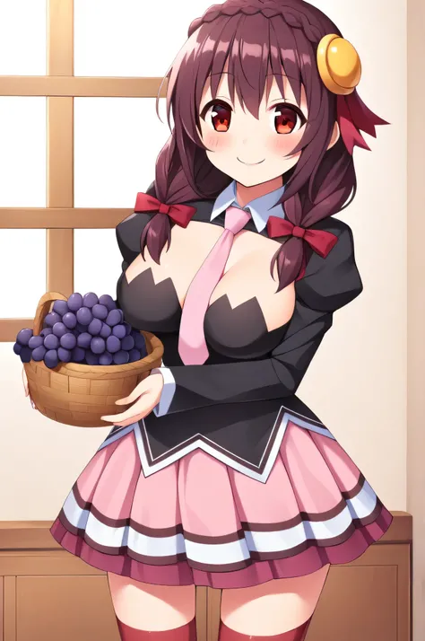 alone, One girl, Yunyun, (A happy smile:1.4)、(blush:1.3)、 Mouth open、View your viewers, Crown braids of the same color as your hair, Red Eyes、hair ornaments, Hair Ribbon, Pink tie, Long sleeve, Pink Skirt, Knee socks, Cleavage,  (Holding a fruit basket con...