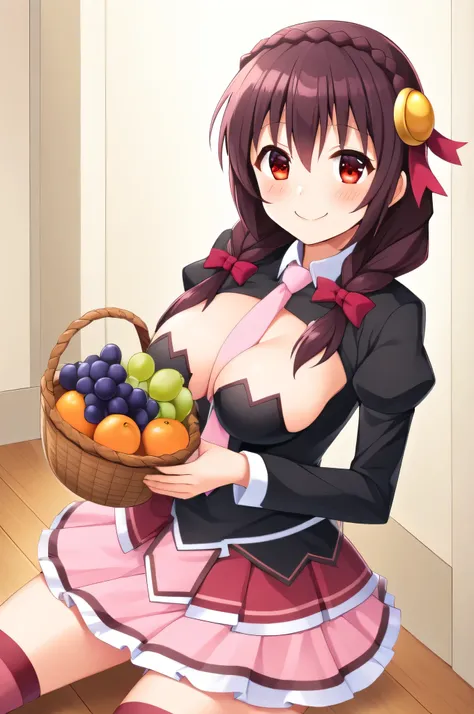 alone, One girl, Yunyun, (A happy smile:1.4)、(blush:1.3)、 Mouth open、View your viewers, Crown braids of the same color as your hair, Red Eyes、hair ornaments, Hair Ribbon, Pink tie, Long sleeve, Pink Skirt, Knee socks, Cleavage,  (Holding a fruit basket con...