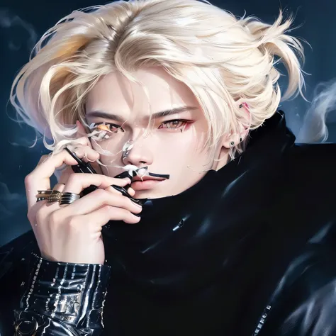 blond man with golden eyes and black jacket smoking a cigarette., portrait of jossi de blackpink, Cai Xu Kun, bright from the rain, steven jung, jia, jossi de blackpink, Kpop idol portrait, Johan Liebert mixed with Alucard, roseanne park by blackpink, TaeJ...