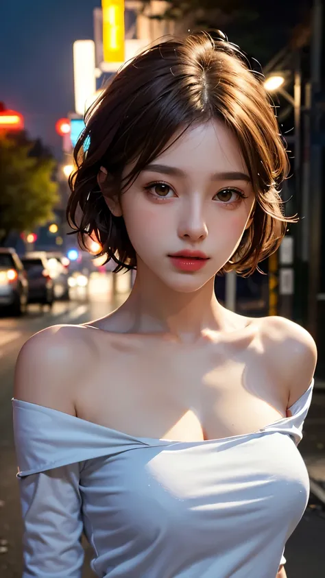 Highest quality, masterpiece, Ultra-high resolution, (Realistic:1.4), RAW Photos, One Girl, Off the shoulder, In the Dark, Deep Shadow, moderate, Night Alley, short hair, roadside,walk, 20-year-old,Cute Face, Small breasts, Tight shirt,(head shot:1.5)