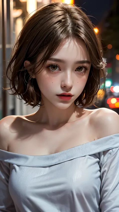 Highest quality, masterpiece, Ultra-high resolution, (Realistic:1.4), RAW Photos, One Girl, Off the shoulder, In the Dark, Deep Shadow, moderate, Night Alley, short hair, roadside,walk, 20-year-old,Cute Face, Small breasts, Tight shirt,(head shot:1.5)