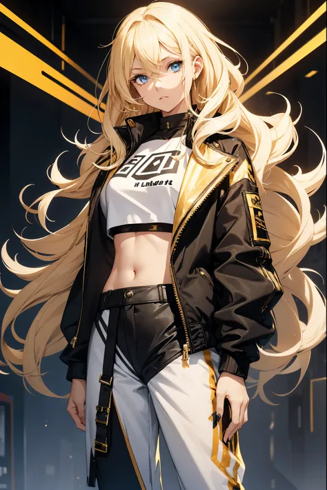 1female, blonde hair, blue eyes, messy let down hair, white crop top, black and gold jacket with gold designs, black pants, foggy background, standing, hands at sides