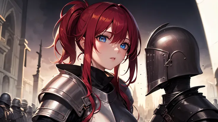 Highest quality, 8k, 4K, High resolution, High Contrast,1girl,only,Beautiful colorful hair,Half Up Hair,(Beautifully detailed face),Red, clear eyes, beautiful eyes, The upper body is visible,２０generation, Beautiful breasts, Gothic, knight armor, Ancient Ci...